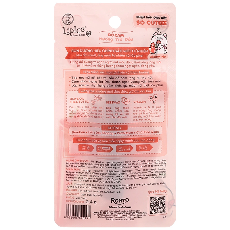 Son dưỡng môi Lipice Sheer Color Peach Tea dưỡng môi và hiệu chỉnh sắc môi thỏi 2,4g - 6